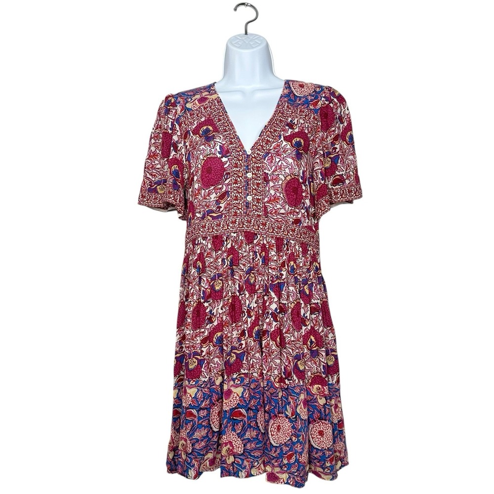 Ba&sh Valia Pink Blue Floral Print Mini Dress Boho‎ V-Neck Short Sleeve Sz S